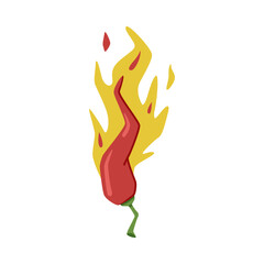 Hot Red Chili Pepper in Fire with Bright Flame Vector Illustration