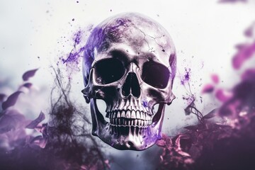 Double exposure watercolor skull in purple with Halloween concept. Generative AI