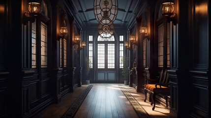 A hallway with a chair and a clock on the wall. AI generative. Dark academia style, victorian style mansion interior design with wooden stairs.