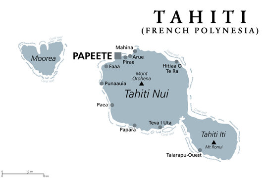 Tahiti, French Polynesia, gray political map. Largest island of the Windward group of the Society Islands, with capital Papeete. Overseas collectivity of France, located in the South Pacific Ocean.