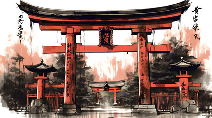vibrant red torii gate. Generative AI