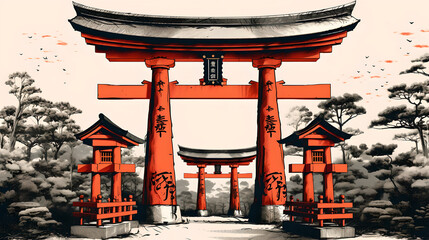 vibrant red torii gate. Generative AI