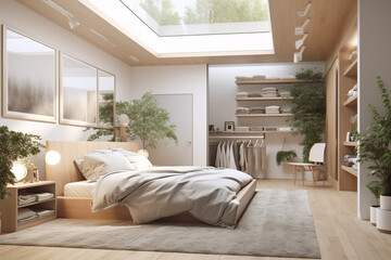 A bedroom with a bed and a plant in the corner. AI generative. Cosy Norvegian house