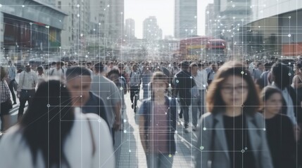 An AI-generated, crowd of people walking on busy urban city streets, with system of AI Facial Recognition scanning each person. Big Data analysis interface, personal information concept, CCTV  - obrazy, fototapety, plakaty