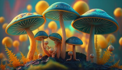Magic mushrooms in nature, psychedelic beautiful colors background generative ai
