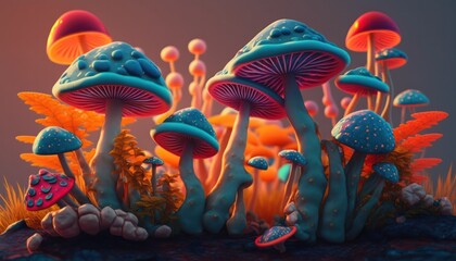 Magic mushrooms in nature, psychedelic beautiful colors background generative ai