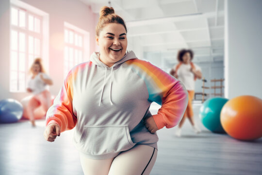 plus sized girl has fun exercising in a gym. generative ai