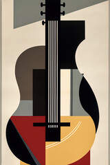 Acoustic guitar, Bauhaus style background, trendy 20s geometric design poster design, AI generative digital art.