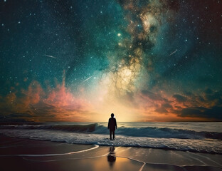 Obraz premium Psychic wave, beach, travel, wanderlust, galaxy, one with nature, standing in awe. generative AI