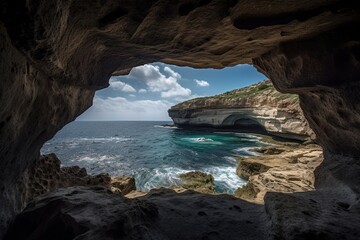 Expanse of Mediterranean Sea Views from Malta's Gozo Cave: Feel the Power of Nature's Coast: Generative AI