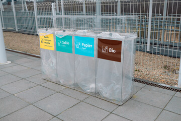 Trash bin for plastic waste. Modern colorful refuse bins for separate trash. Environmental...