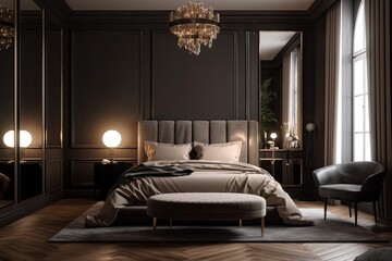 Luxury Home Style: A Darkly Elegant Bedroom with Furniture, Design, and Architecture: Generative AI