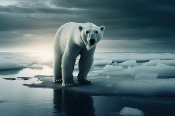 Saving Our Planet: A Polar Bear Standing on Melting Ice - Climate Change Danger in the Arctic. Generative AI