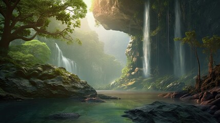 Magical Fantasy Landscapes: Majestic Waterfall, Huge Trees, and a Dreamy River in a Virtual AI-Created World: Generative AI