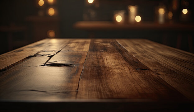 Empty wooden table in a pub or restaurant. Blurred background. Mockup, Generative AI Illustration