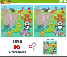 differences game with cartoon animal characters group