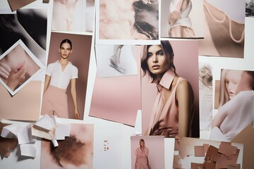 Contemporary fashion creative atmosphere art mood board. Inspiration for designer, artist, tailor. Collage with aesthetic photos sketch drawings. Fashion Designer, Artist workspace. Generative AI