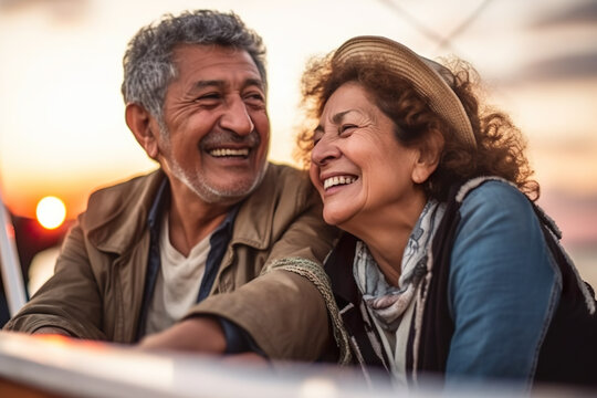 Smiling senior Latino couple in love enjoying a romantic sunset on yacht in the sea, AI Generative