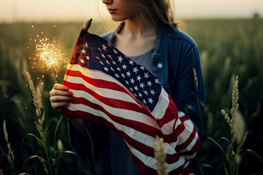 Girl with american flag, generative ai