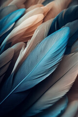 Close-up view of the feathers in rich blue and beige. Macro based abstract background with copy space, Generative ai