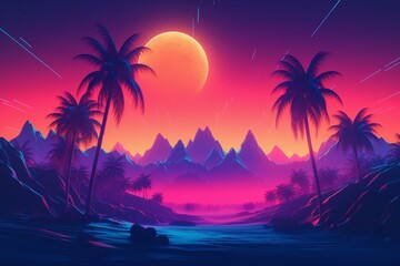 Vibrant synthwave background with palm trees and mountains. Generative AI