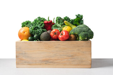 Wooden box with set of vegetables and fruits.  Concept of zero waste shopping, delivery of organic...