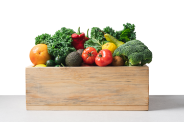 Wooden box with set of vegetables and fruits.  Concept of zero waste shopping, delivery of organic products