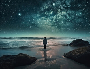 Psychic wave, beach, travel, wanderlust, galaxy, one with nature, standing in awe. generative AI