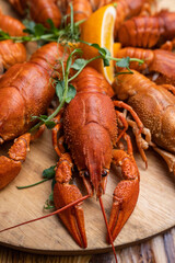 Boiled crayfish with lemon, dill and herbs on a wooden cutting board on blue wooden background. Crayfish dish
