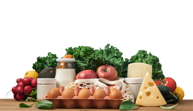 Variation of fruits, vegetables, dairy products on wooden countertop. Zero waste grocery purchases
