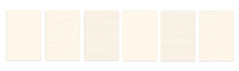 Set of blank notepad pages with space for text or images with shadow, isolated on transparent background. PNG image.
