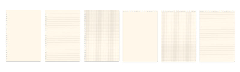 Set of blank notepad pages with space for text or images with shadow, isolated on transparent background. PNG image.
