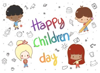 Happy children day greeting card with cute kids doing different activities 