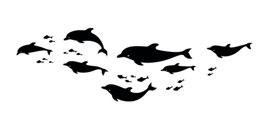 School of fish and dolphins. Decorative wave of flock of fish. Black isolated silhouette on white background. Vector illustration - 596442504