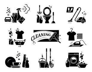 Cleaning icons set. Symbols and signs for infographic or website. Cleaning service, prevention and disinfection. Housekeeping, cleaning of residential and office premises. Isolation. Vector