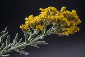 Single stem of yellow limonium blooms on clear or white backdrop. Generative AI