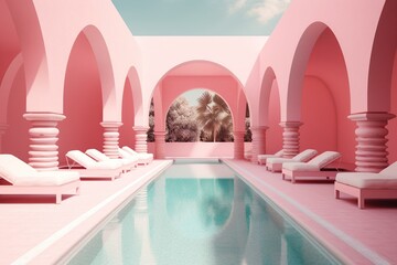 Pink geometric sun bed by surreal pool with minimalist arches, summer vacation vibes. Generative AI