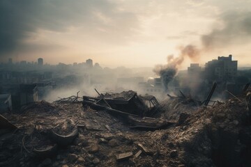 Debris and smoke against a backdrop of a ruined city. Generative AI