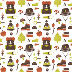 キャンプの背景パターン ファッションアイテムの水彩イラスト