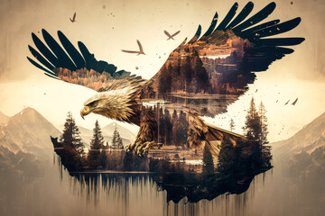 An eagle in flight, captured in a forestpunk double exposure frame. A symbol of the American wilderness, reminiscent of American power. Generative AI