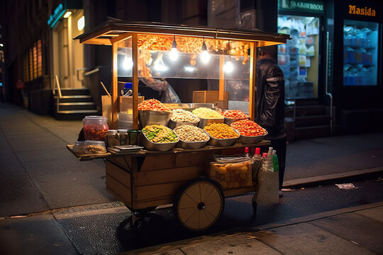 A food cart on the side of a street at night. AI generative.