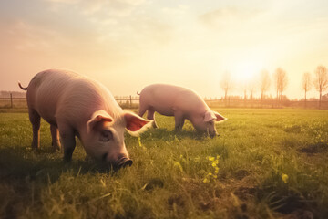 Pigs eating on a meadow in an organic meat farm. generative ai