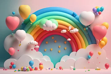 Foto op Canvas generative ai illustration, abstract 3d rainbow with clouds and colorful balloons © Claudia Nass