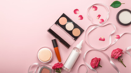 Womens day present. set of professional decorative cosmetics, makeup tools and accessory on colorful background. beauty and fashion concept. flat lay composition, top view