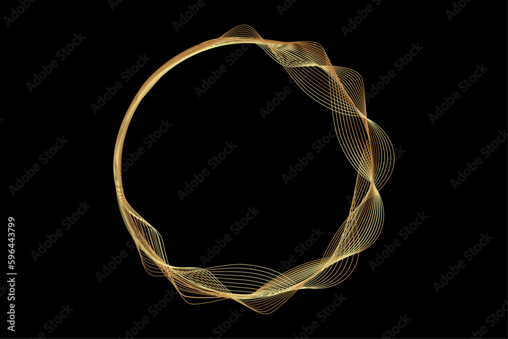 Leinwandbilder Vector abstract wavy circles in golden light lines isolated on a black background with empty space for text. Vector round frame in a luxurious style.