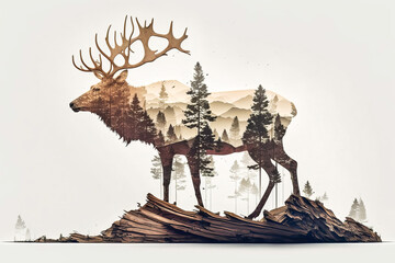 Majestic wild elk symbolizing the wild nature and its fauna in the great north. Large meadows and forests, brown antlers. Generative AI