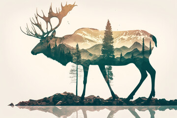Striking illustration of a wild elk in the middle of nature. Symbol of the fauna and the flora of the great spaces of the Northern countries. Generative AI - obrazy, fototapety, plakaty
