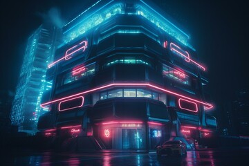 A futuristic building with an atom-punk style, featuring neon lights and a cinematic atmosphere. Generative AI