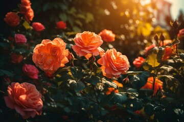 Vibrant roses bask in sunlight. Generative AI
