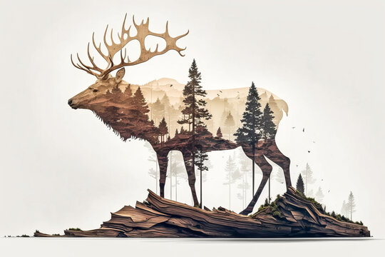 Majestic and imposing wild elk in an illustration symbolizing vast grasslands and forests of North America, Russia and Canada. Symbol of wilderness, wildlife and flora. Generative AI